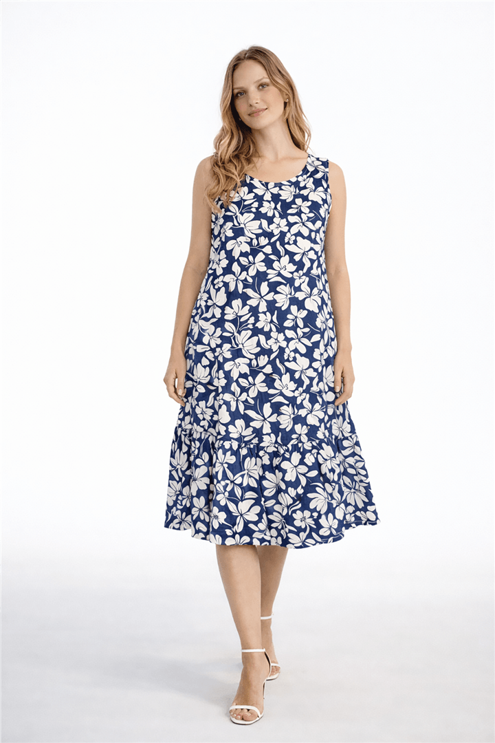 Desenli Kolsuz Elbise Mavi | Fashion Friends