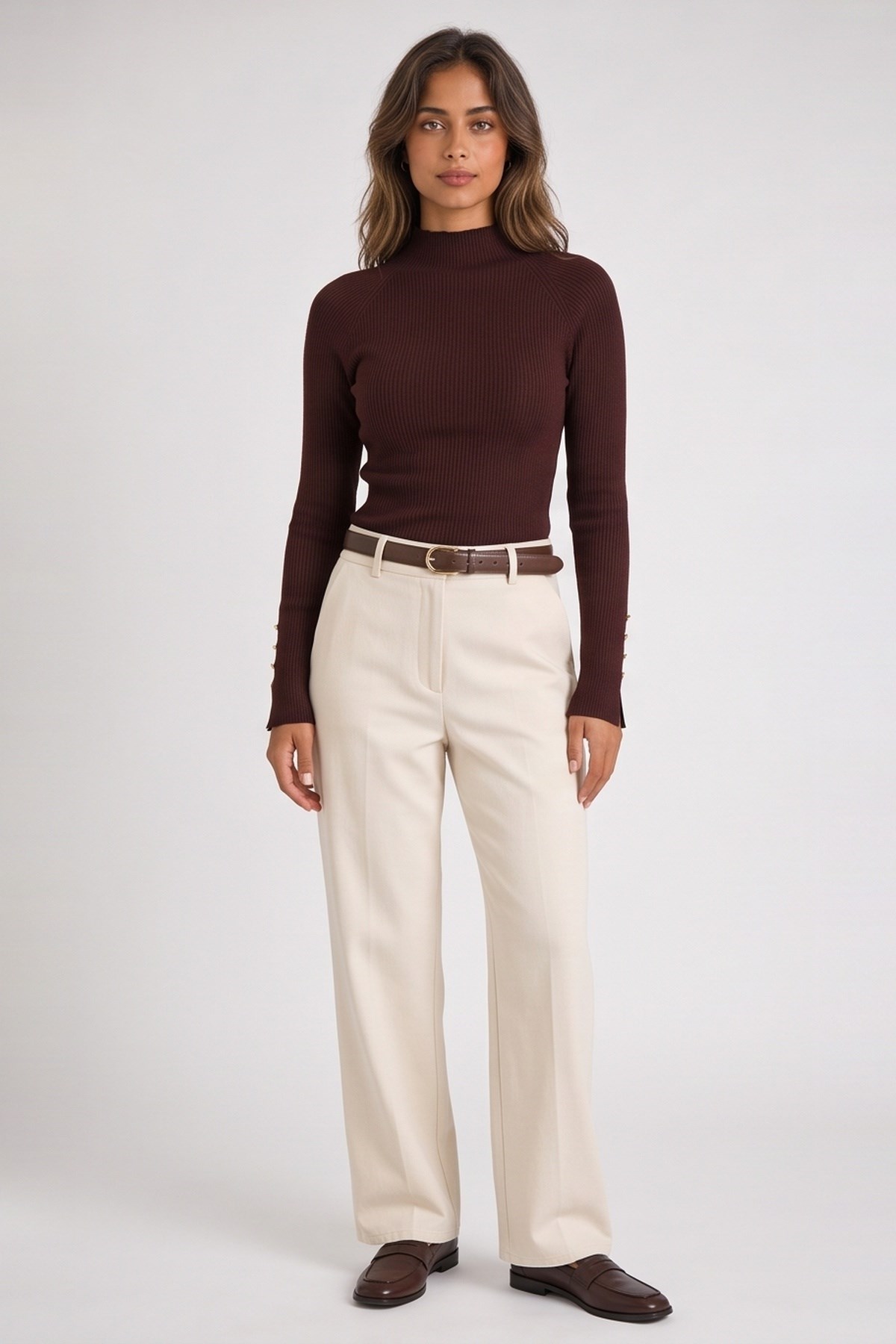 Dik Yaka Kolu Düğmeli Kazak Bordo | Fashion Friends