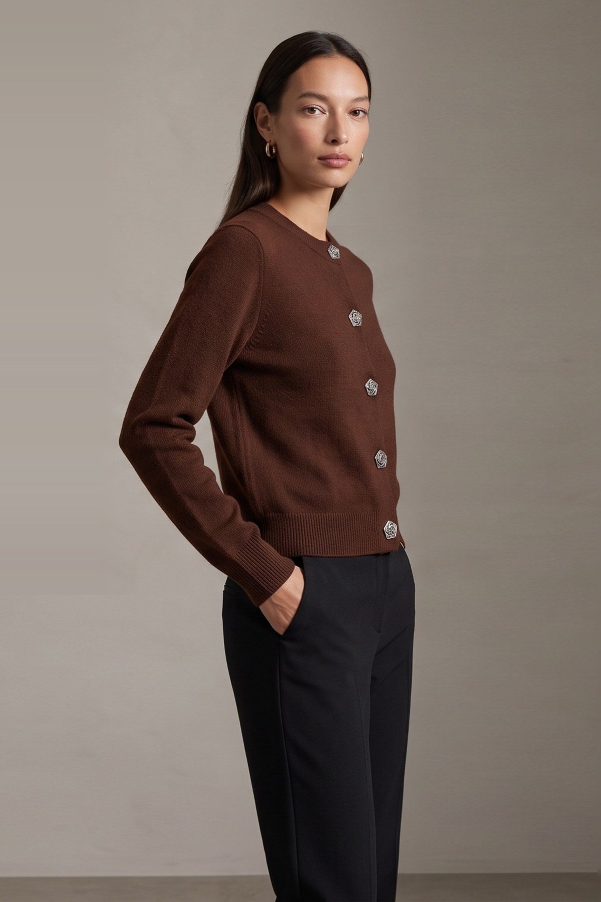 Düğme Detaylı Hırka Kahve | Fashion Friends