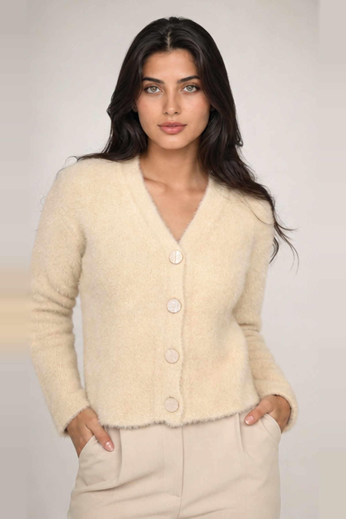 Düğme Detaylı Hırka Taş | Fashion Friends