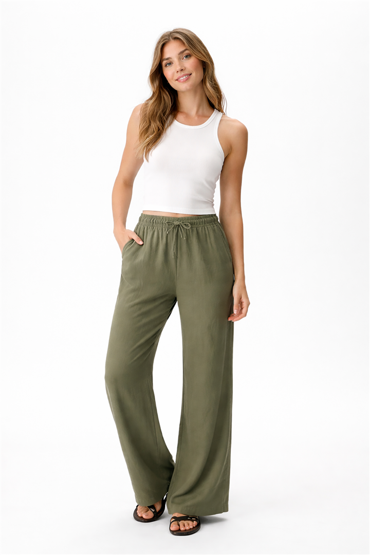 Geniş Paça Keten Pantolon Haki | Fashion Friends