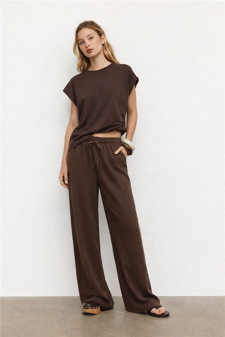 Geniş Paça Keten Pantolon Kahve | Fashion Friends