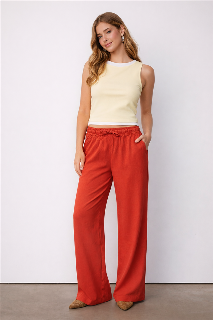 Geniş Paça Keten Pantolon Kiremit | Fashion Friends