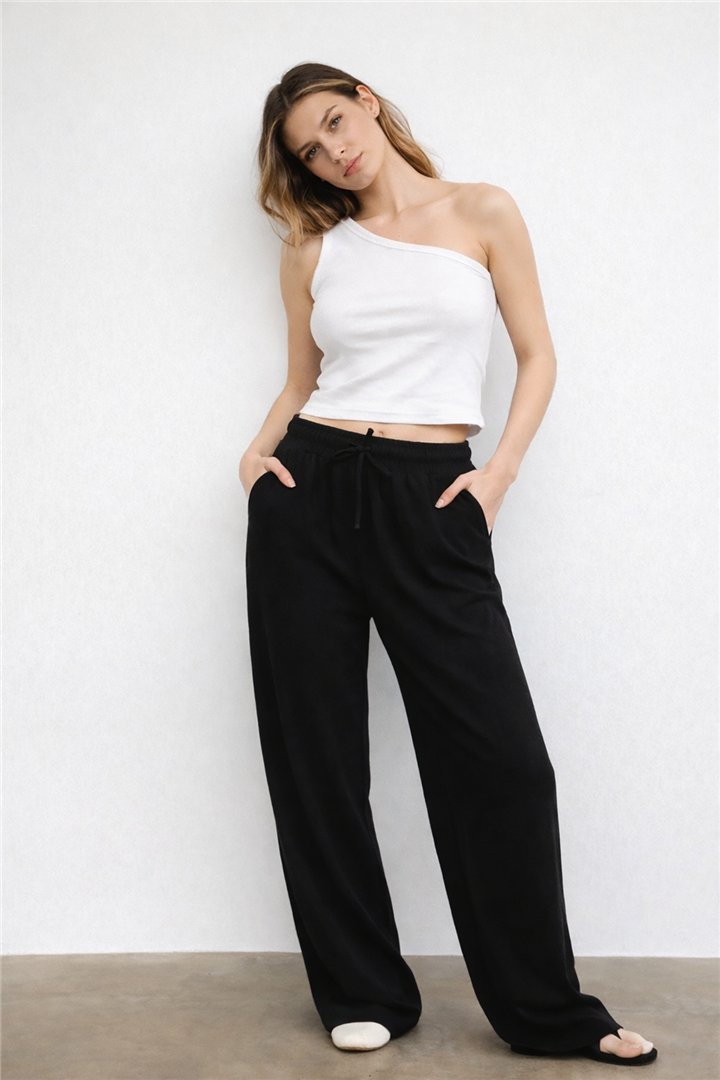 Geniş Paça Keten Pantolon Siyah | Fashion Friends