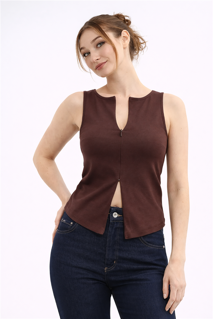 Gizli Fermuarlı Kolsuz Bluz Kahve | Fashion Friends