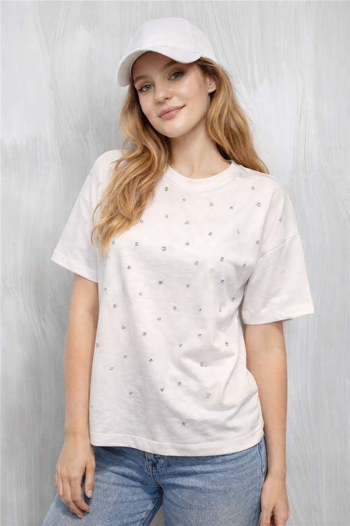 İncili ve Taşlı Bluz Beyaz | Fashion Friends
