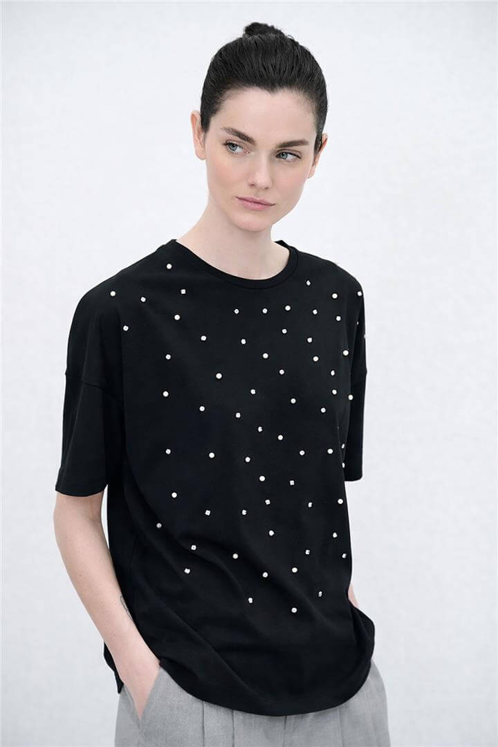 İncili ve Taşlı Bluz Siyah | Fashion Friends