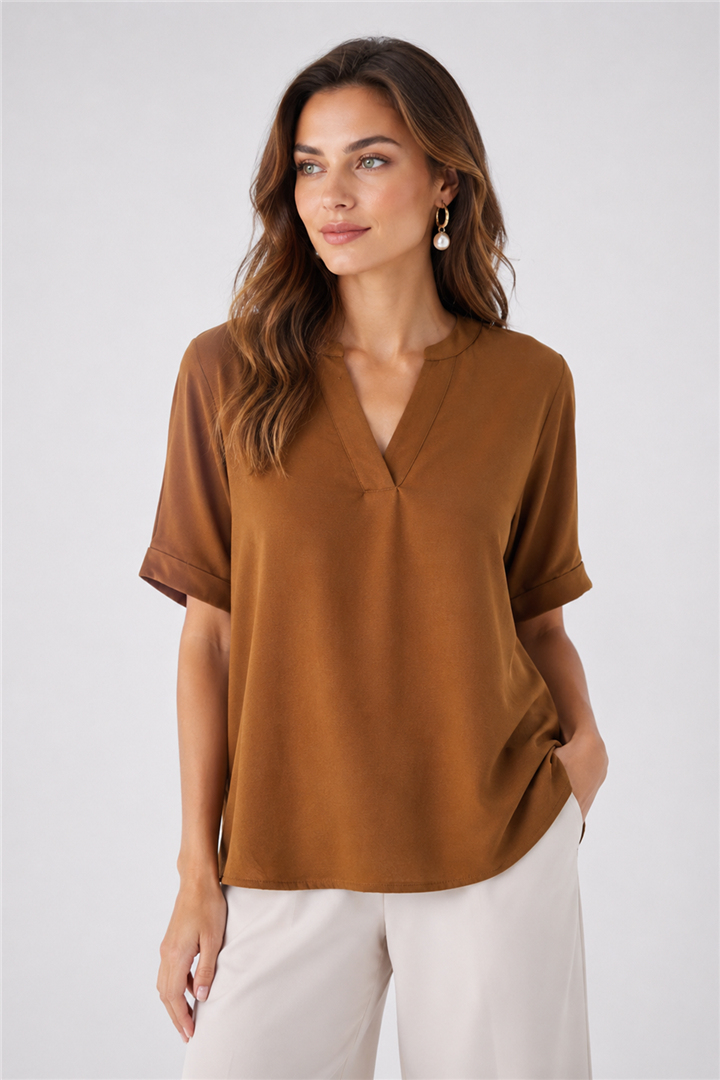 Kısa Kollu Bluz Kahve | Fashion Friends