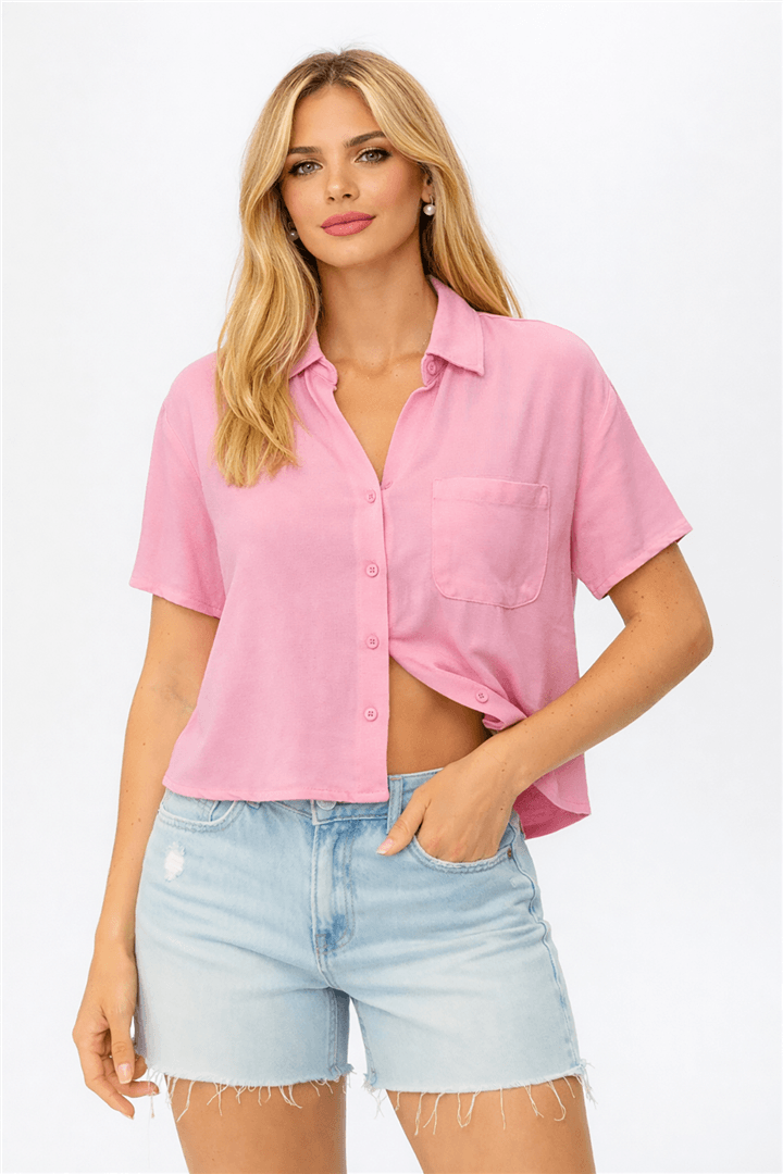 Kısa Kollu Gömlek Pembe | Fashion Friends