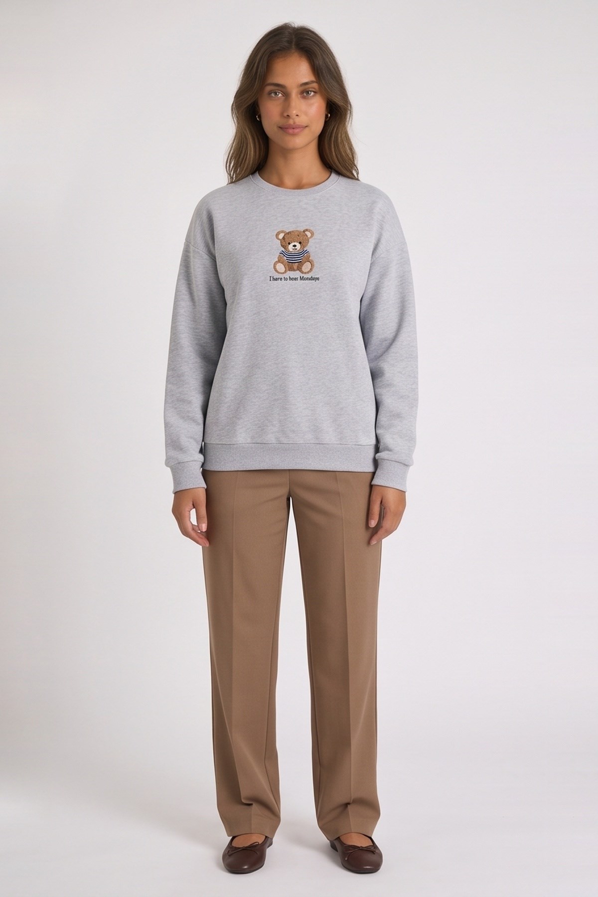 Nakışlı Oversize Sweatshirt Gri Melanj | Fashion Friends