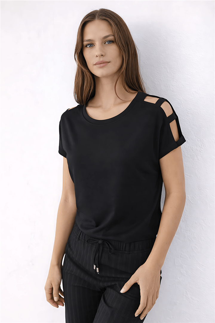 Omuz Detaylı T-Shirt Siyah | Fashion Friends