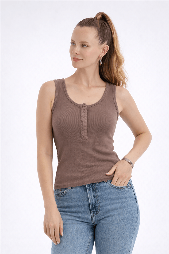 Önü Çıtçıtlı Atlet Kahve | Fashion Friends