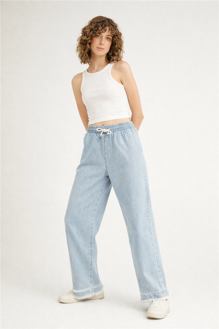 Paçası Püsküllü Denim Pantolon Mavi | Fashion Friends