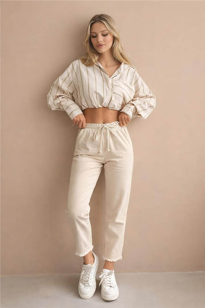 Paçası Püsküllü Pantolon Taş | Fashion Friends