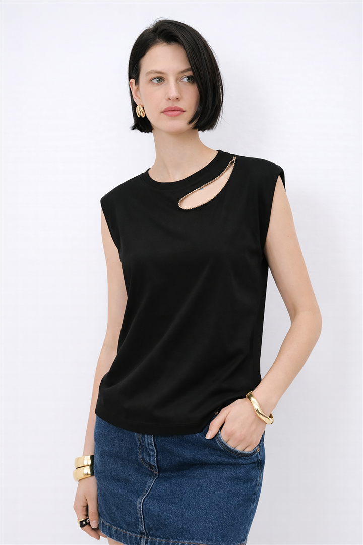 Pencere Detaylı Taşlı Bluz Siyah | Fashion Friends
