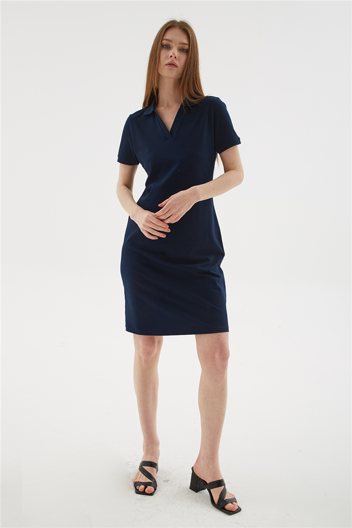 Polo V Yaka Kısa Kollu Elbise Lacivert | Fashion Friends