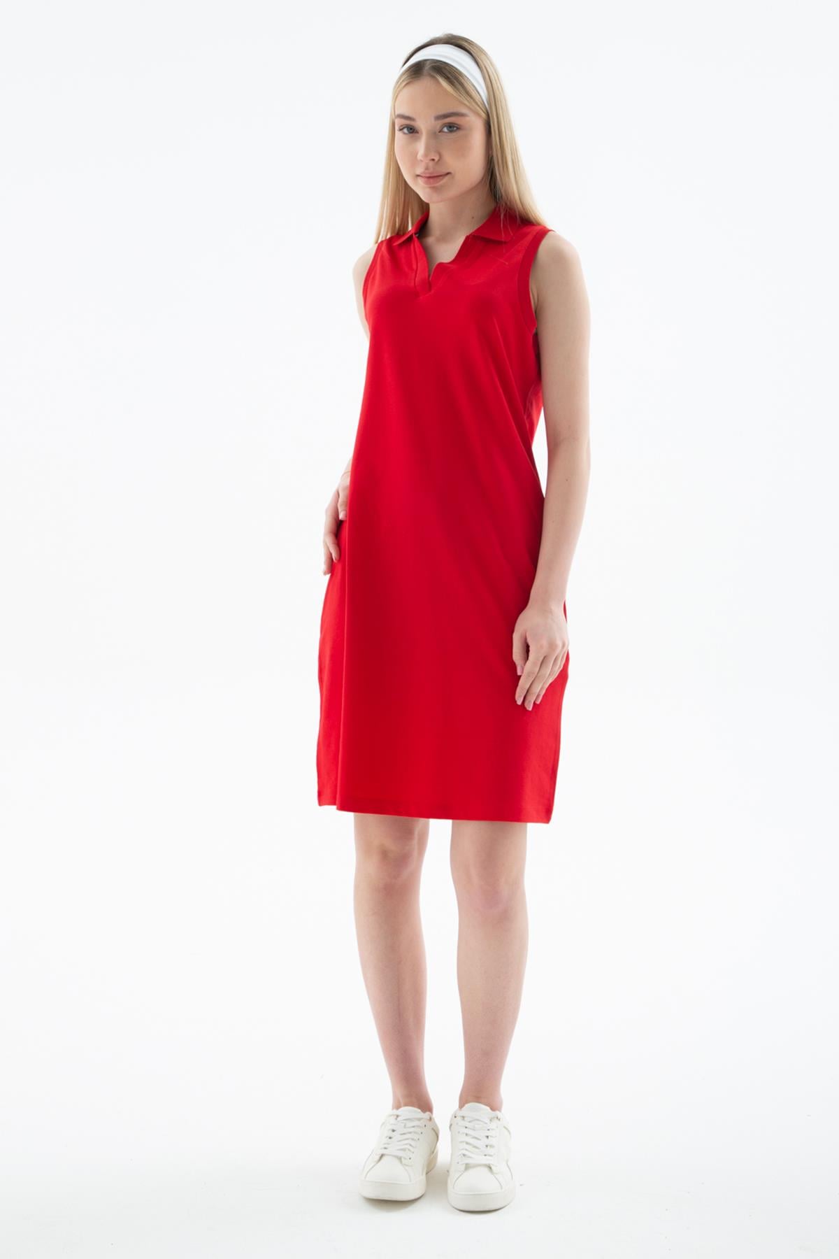 Polo V Yaka Kolsuz Elbise Kırmızı | Fashion Friends