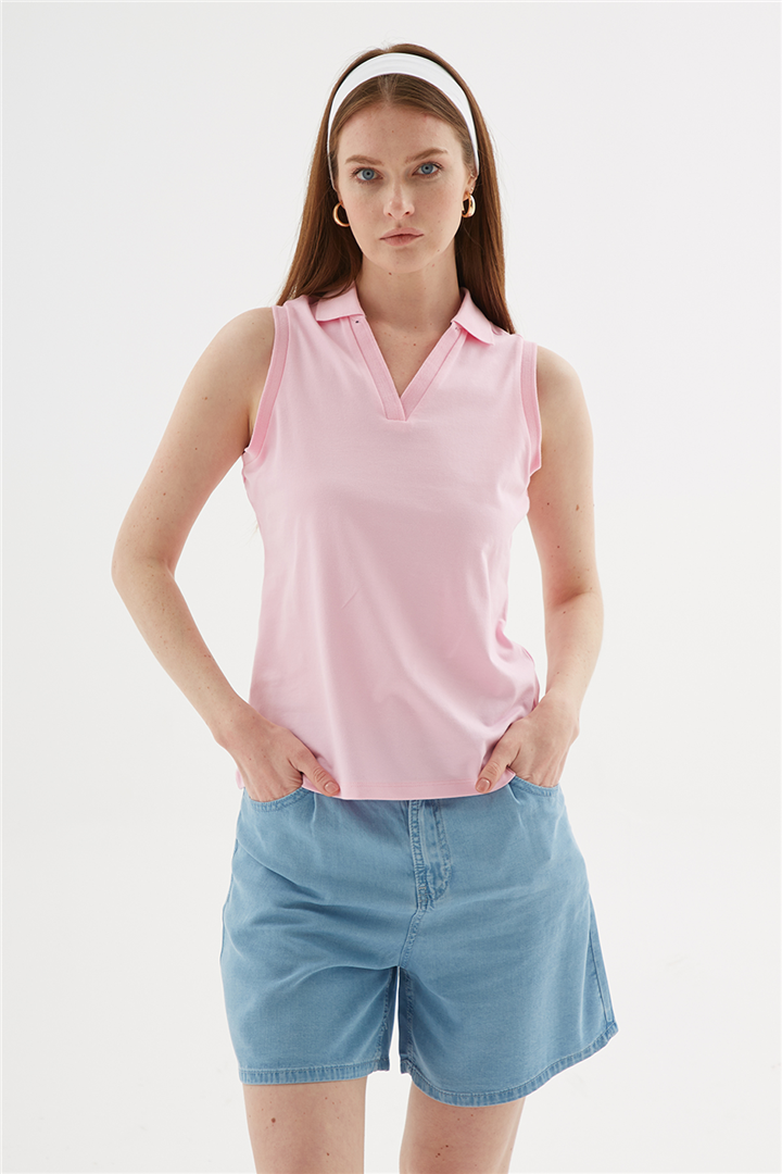 Polo V Yaka Kolsuz T-Shirt Pembe | Fashion Friends