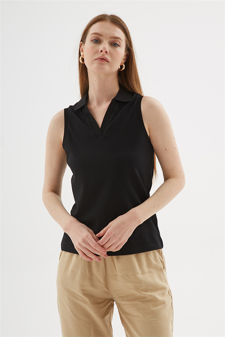 Polo V Yaka Kolsuz T-Shirt Siyah | Fashion Friends