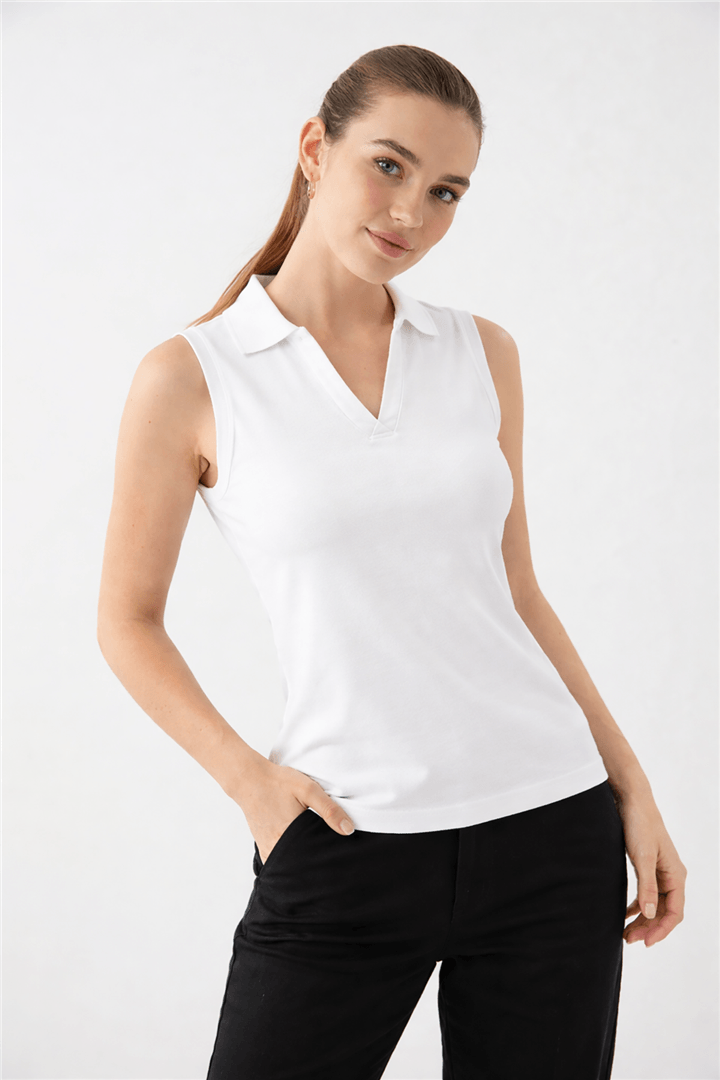 Polo V Yaka T-Shirt Beyaz | Fashion Friends