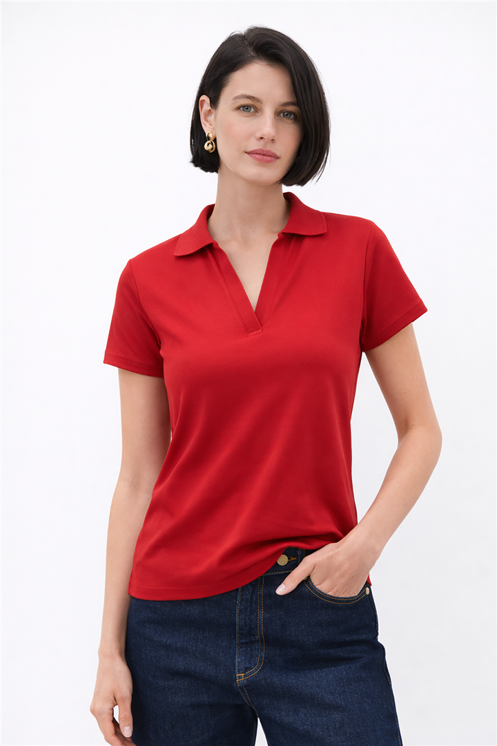 Polo V Yaka T-Shirt Kırmızı | Fashion Friends