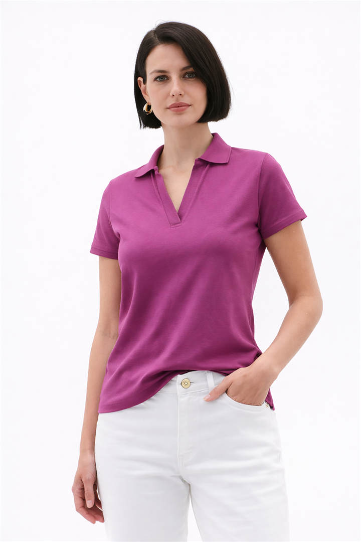 Polo V Yaka T-Shirt Mor | Fashion Friends