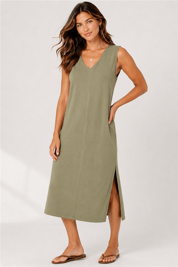 Sırt Çapraz Biyeli Elbise Haki | Fashion Friends