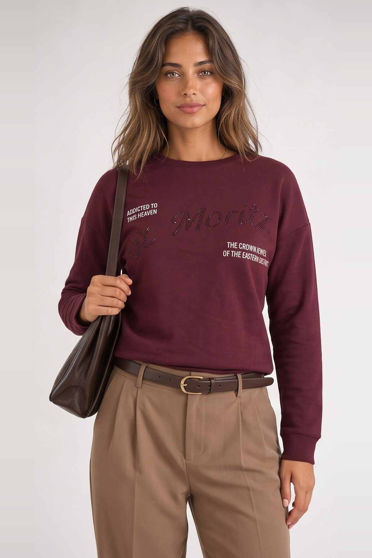 Taş Detaylı Sweatshirt Bordo | Fashion Friends