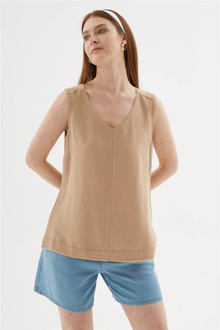 V Yaka Bluz Bej | Fashion Friends