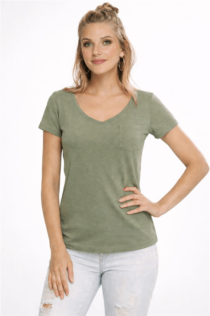 V Yaka Cepli T-Shirt Haki | Fashion Friends