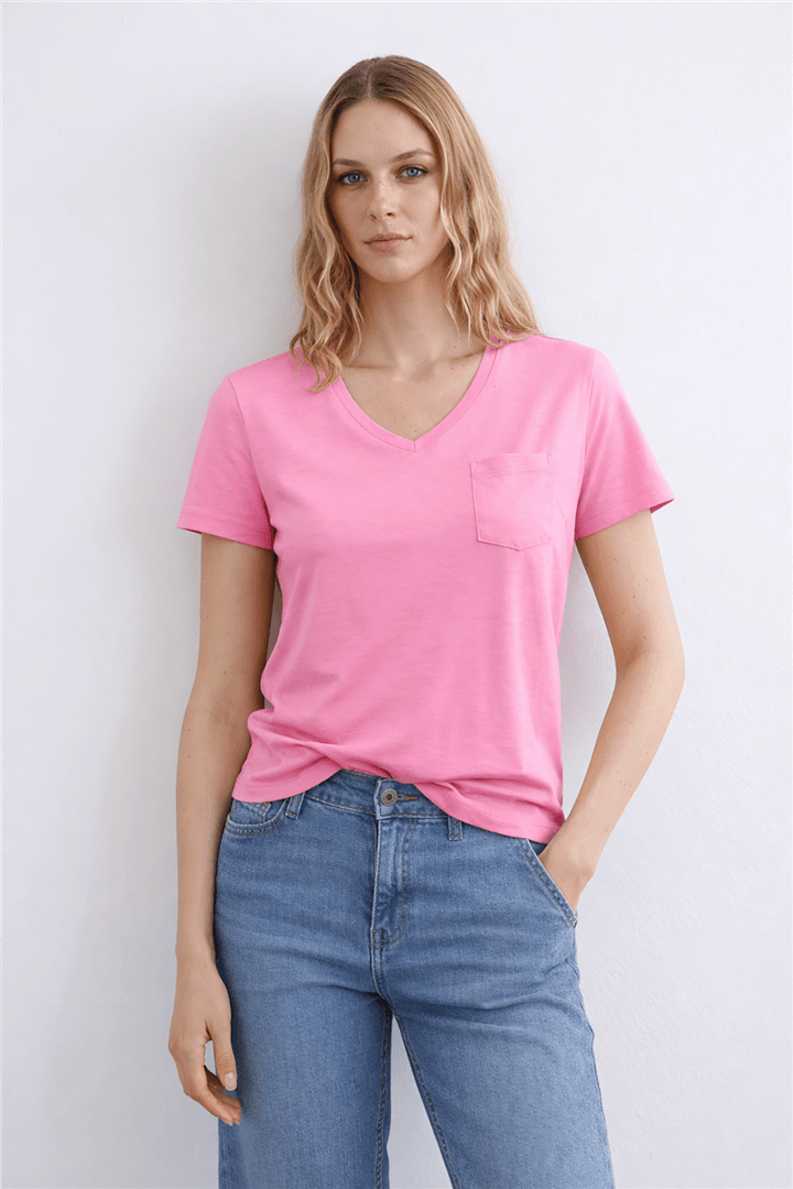 V Yaka Cepli T-Shirt Pembe | Fashion Friends