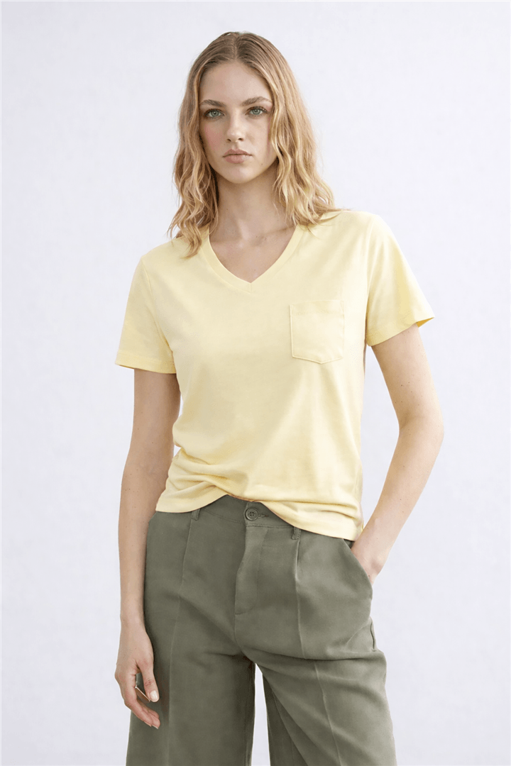 V Yaka Cepli T-Shirt Sarı | Fashion Friends