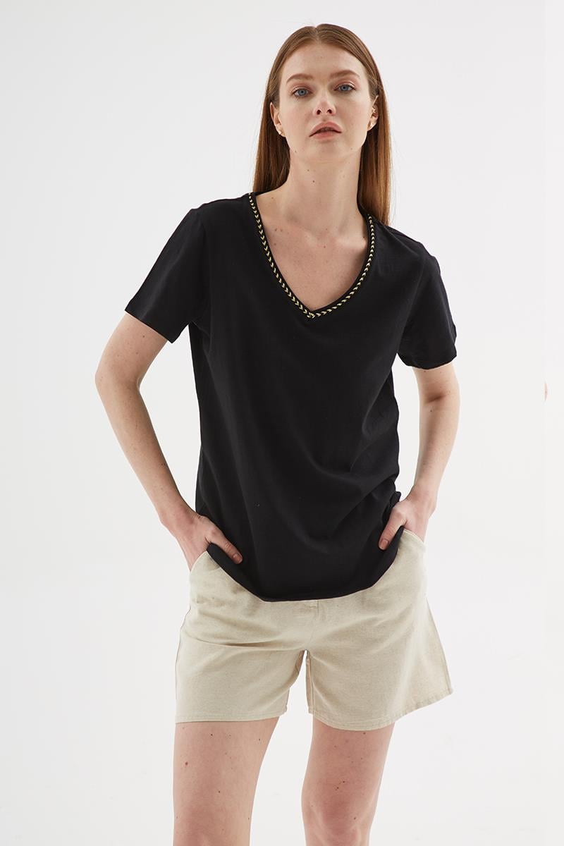 V Yaka T-Shirt Siyah | Fashion Friends
