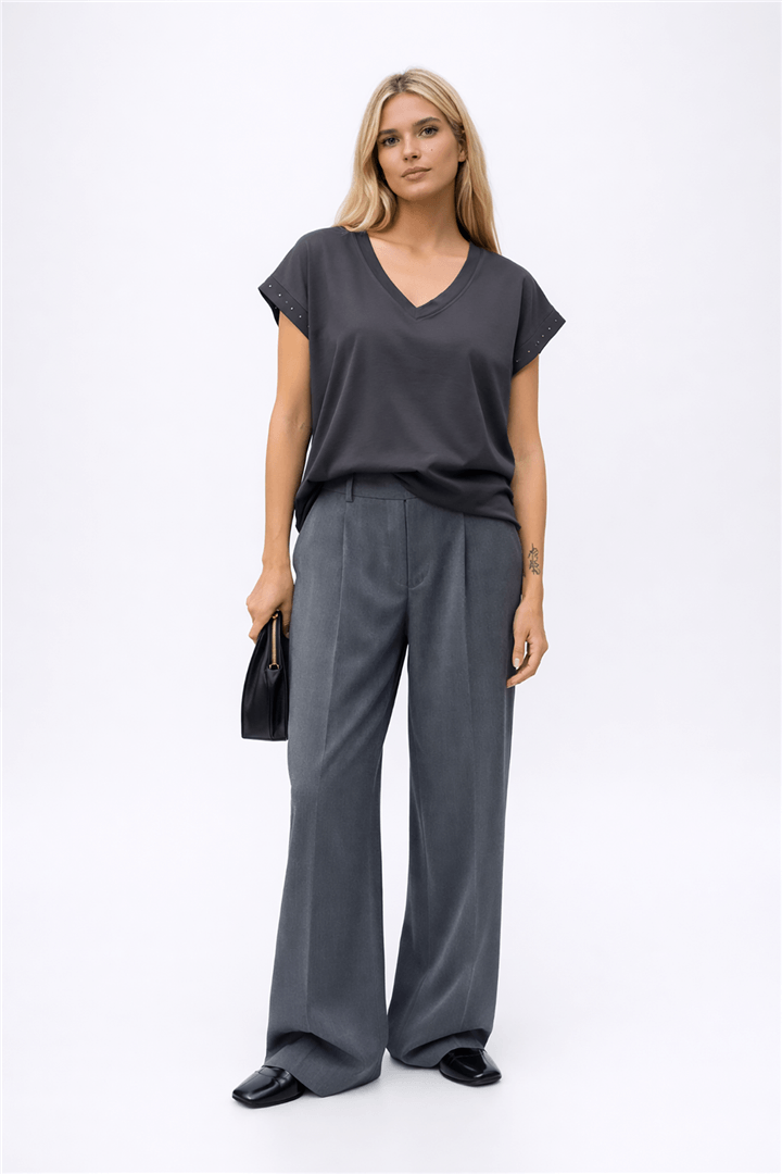 V Yaka Troklu Bluz Antrasit | Fashion Friends