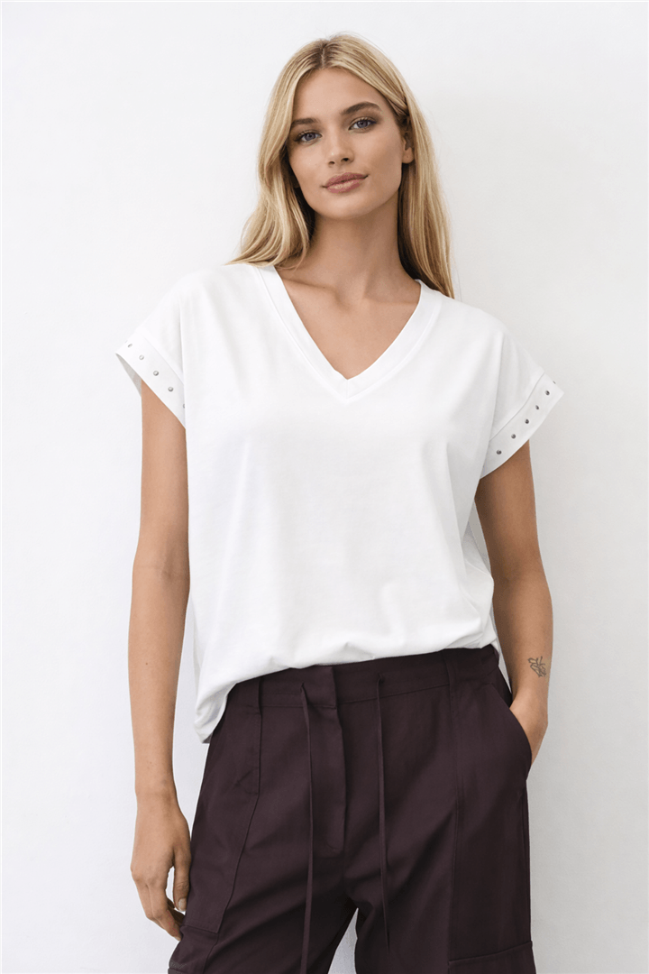 V Yaka Troklu Bluz Beyaz | Fashion Friends