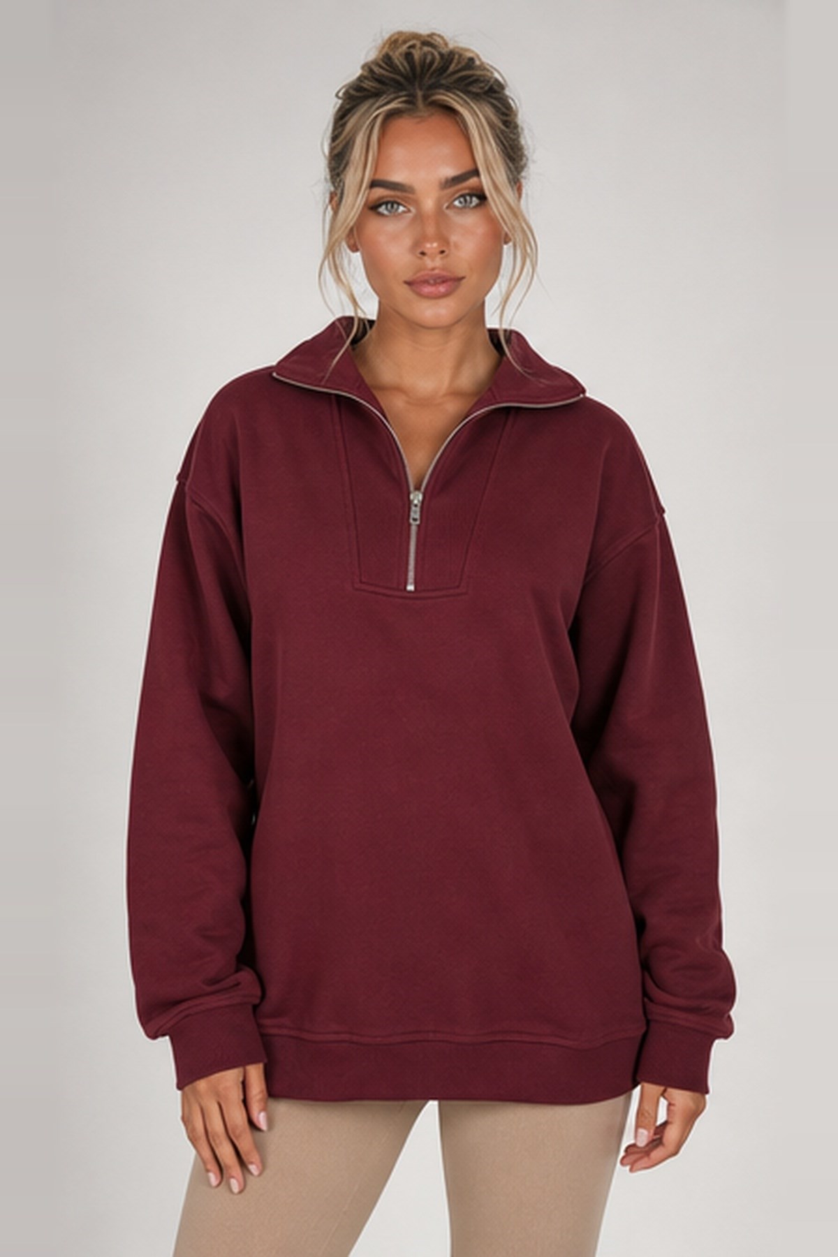 Yakası Fermuarlı Uzun Sweatshirt Bordo | Fashion Friends