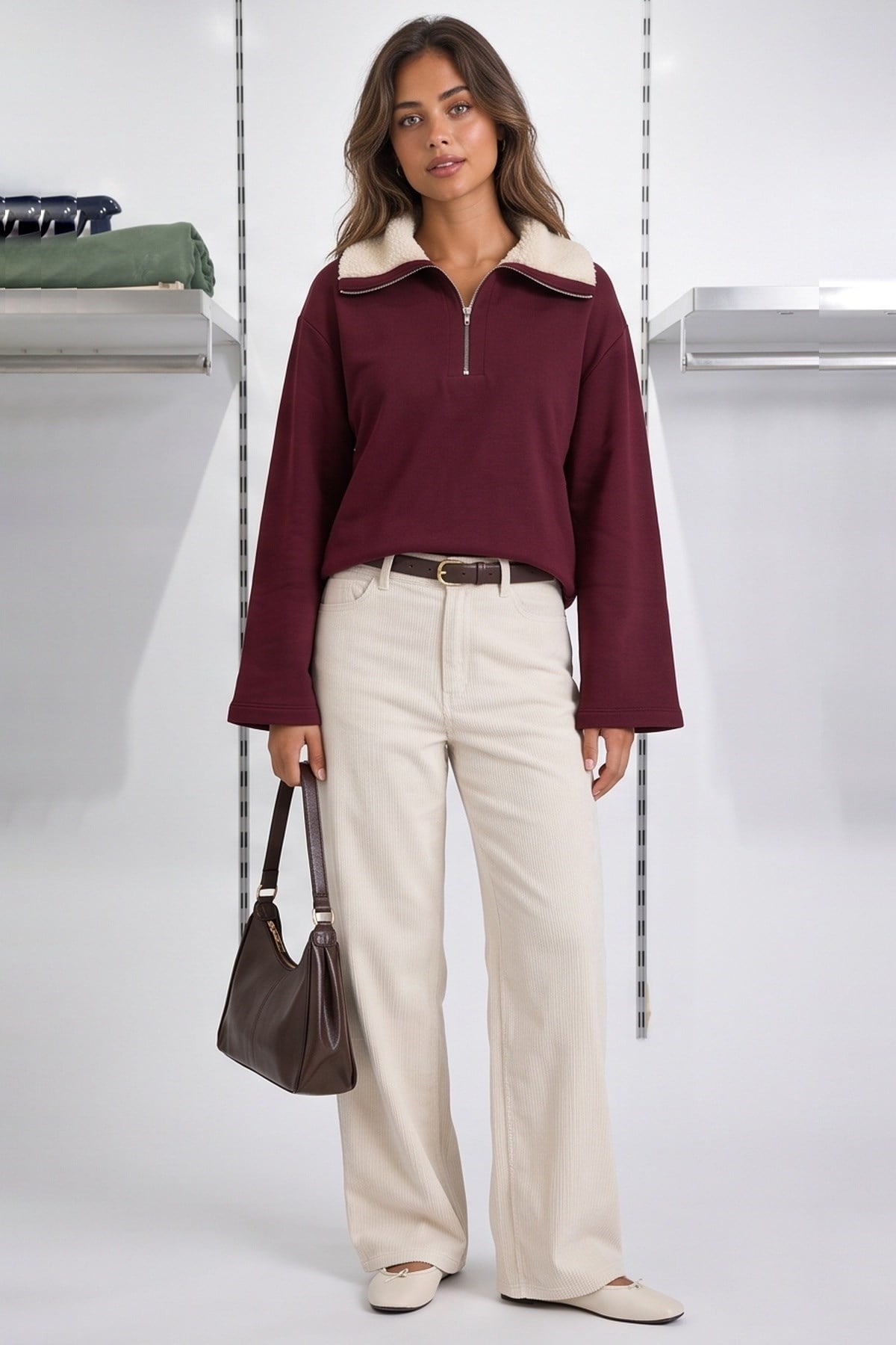 Yakası Peluş Sweatshirt Bordo | Fashion Friends