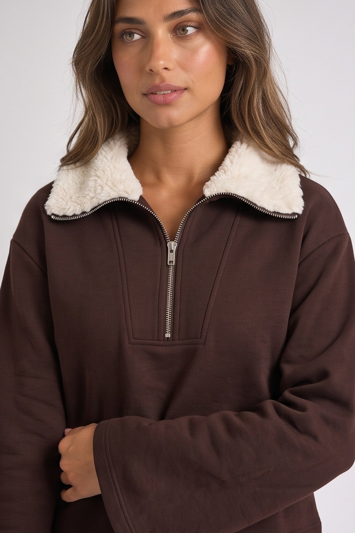 Yakası Peluş Sweatshirt Kahve | Fashion Friends