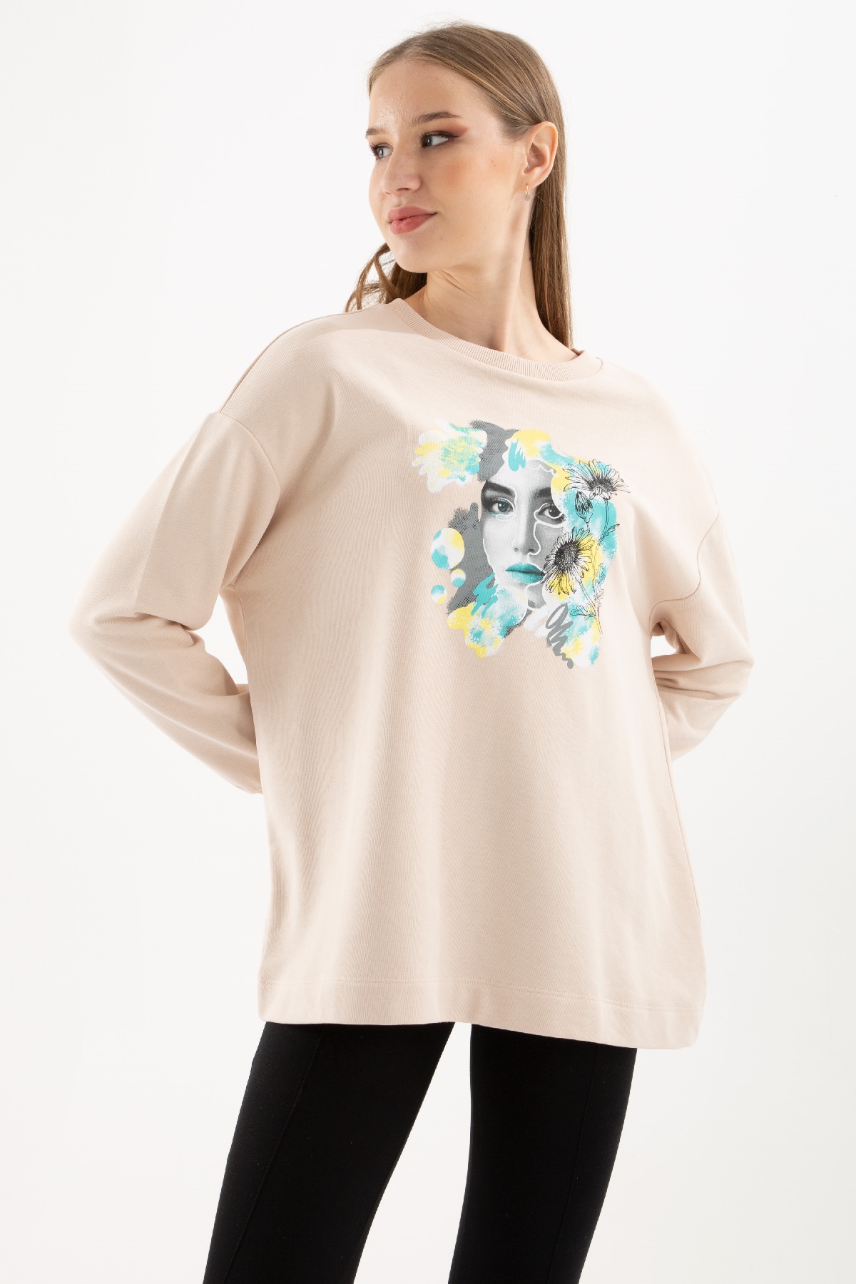 Baskılı Oversize Sweatshirt Bej / Beige | Fashion Friends