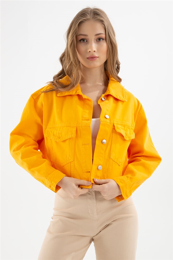 Crop Denim Ceket Turuncu