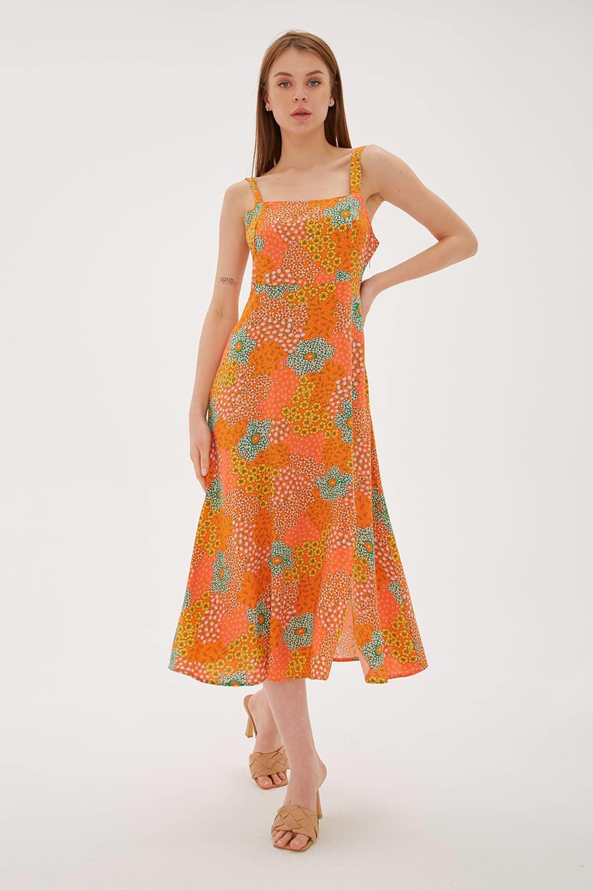 Desenli Midi Elbise Turuncu / Orange | Fashion Friends