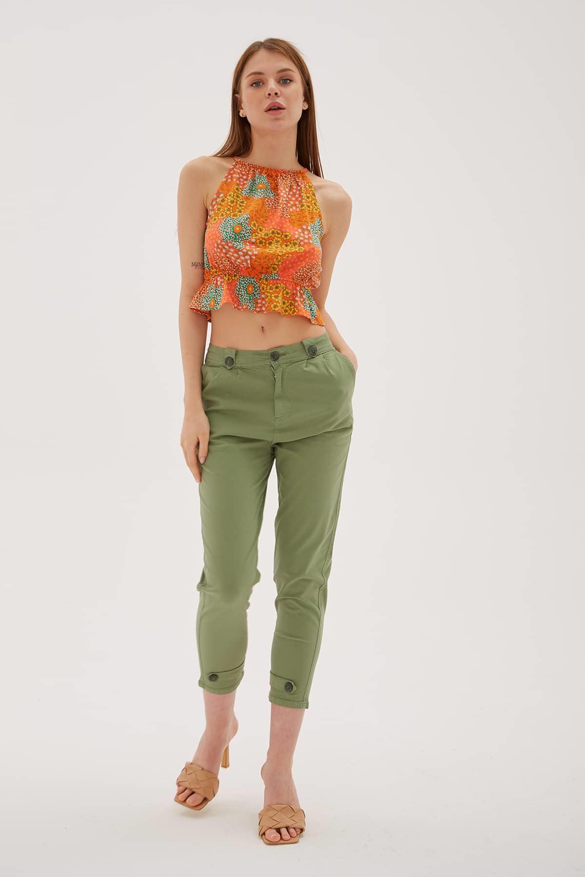 Paçası Düğme Detaylı Pantolon Yeşil / Green | Fashion Friends