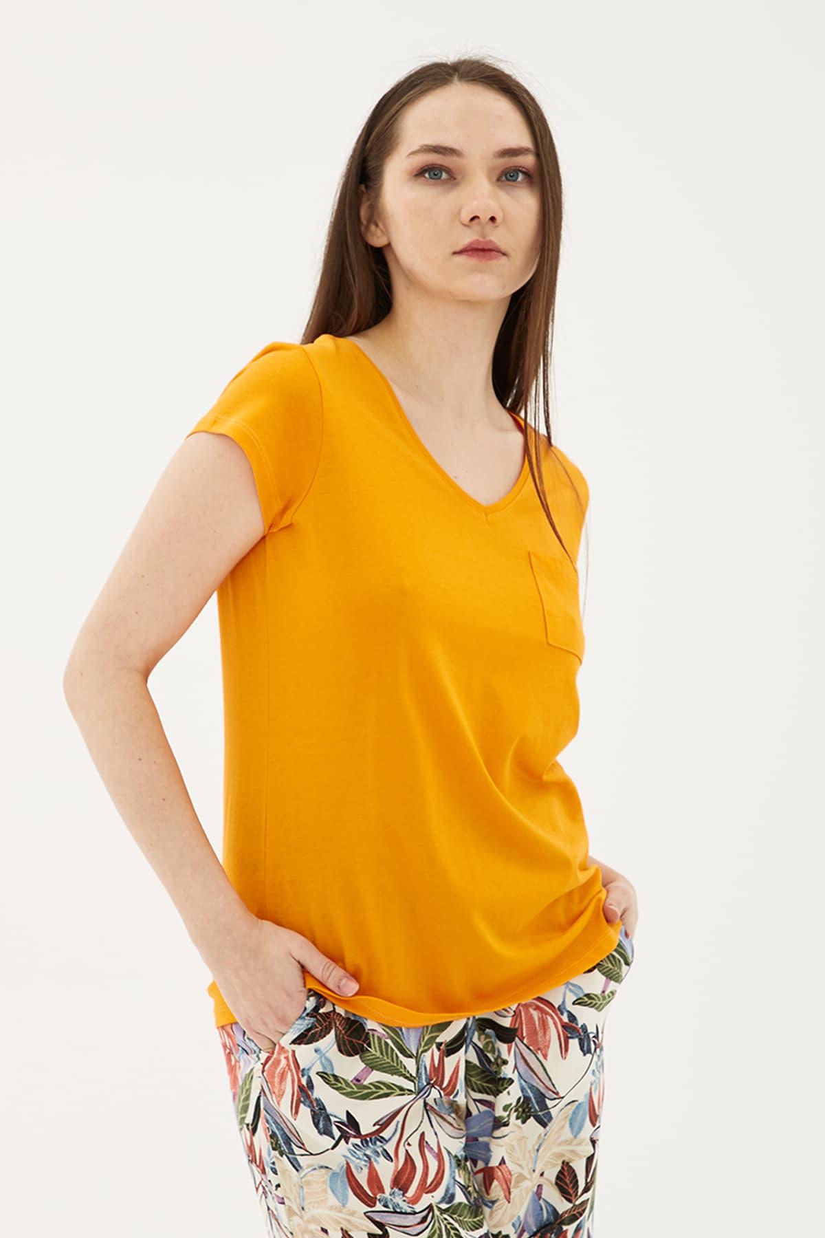 V Yaka Cepli T-Shirt Oranj / Orange | Markasız