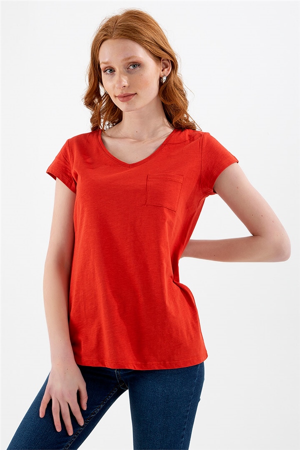 V Yaka T-Shirt Kiremit / Brick