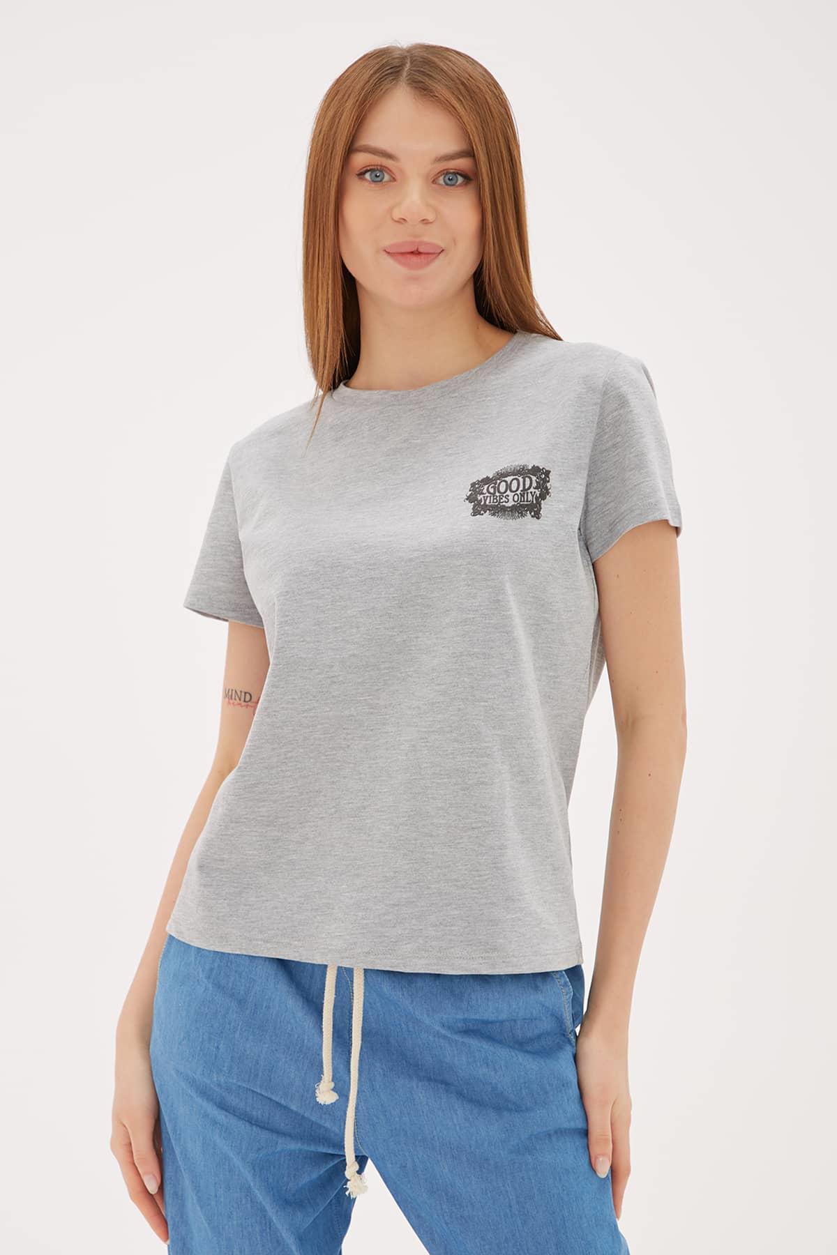 Baskılı T-Shirt Gri Melanj | Fashion Friends