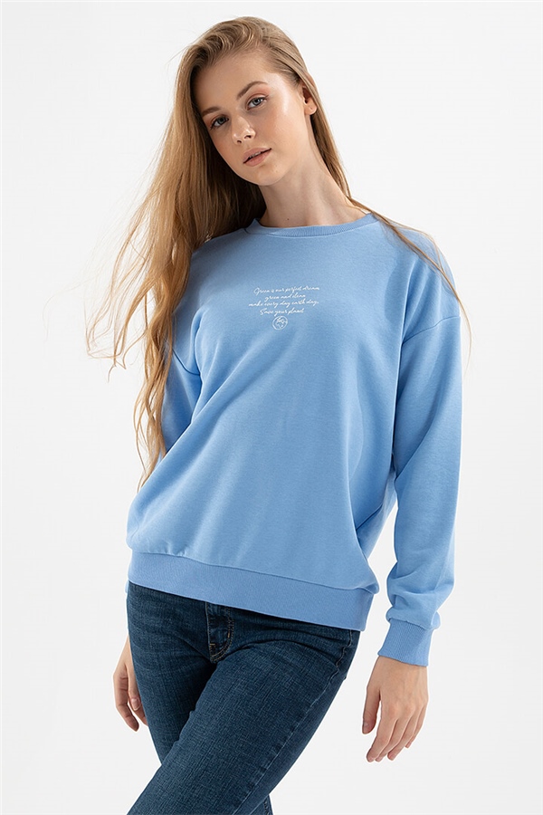 Baskılı Sweatshirt Mavi Renkli Kadın Sweatshirt | Fashion Friends
