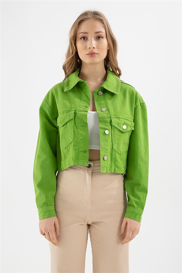 Crop Denim Ceket Yeşil Kadın Ceket | Fashion Friends