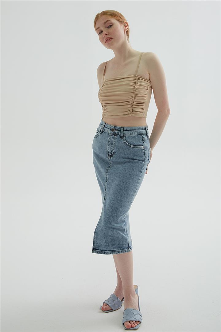 Denim Midi Etek Mavi | Fashion Friends