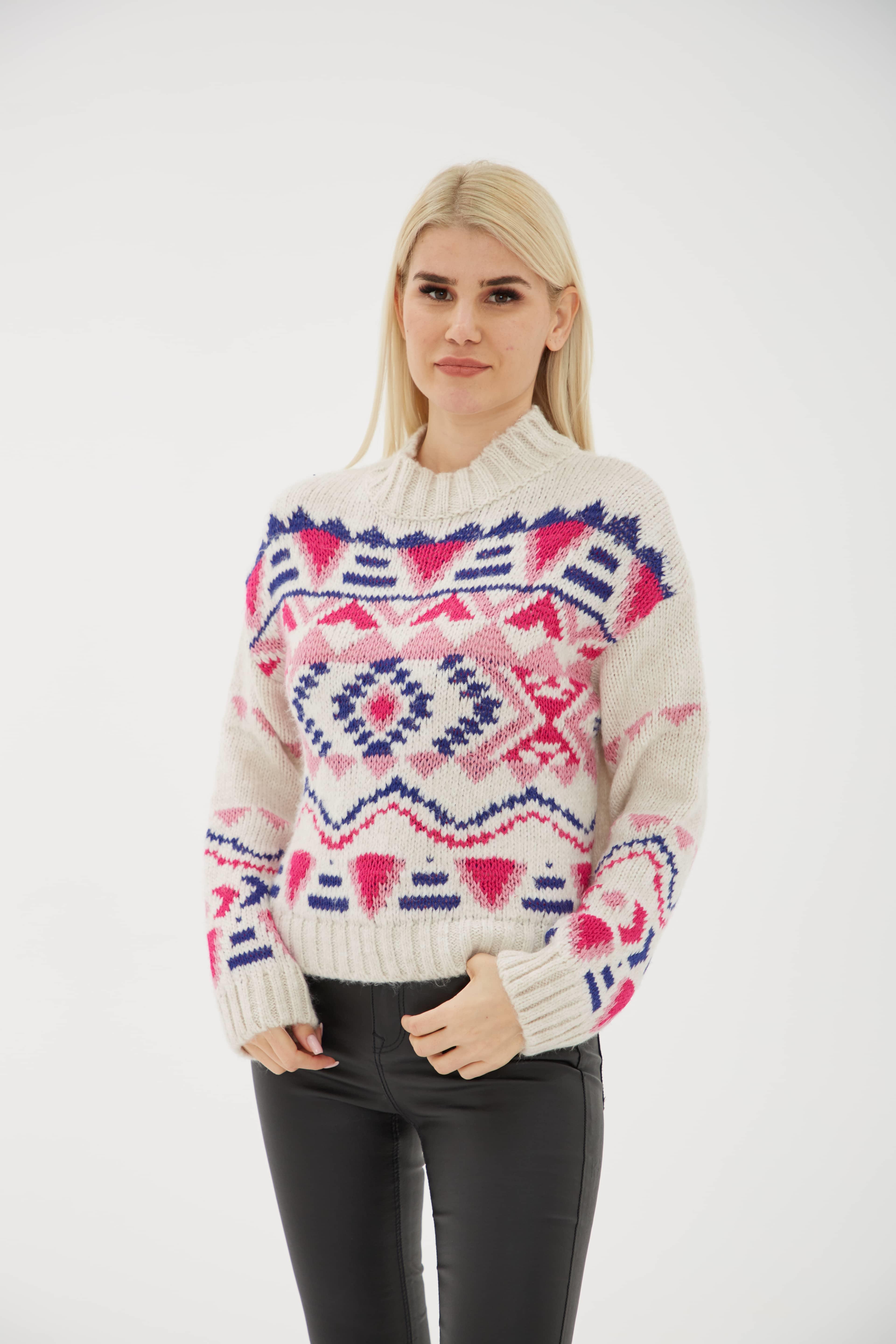 Dik Yaka Desenli Kazak Ekru | Fashion Friends