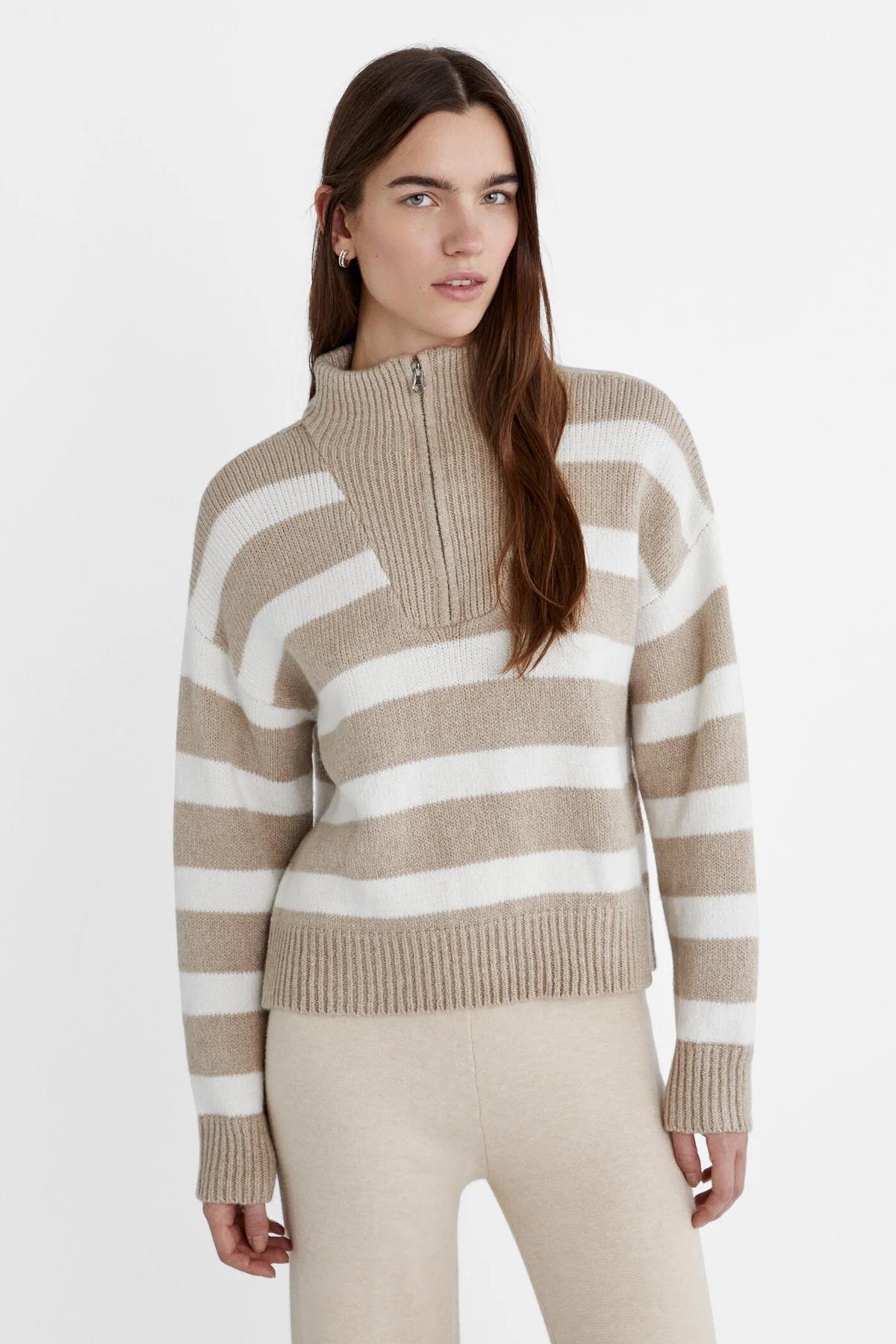 Fermuarlı Çizgili Kazak Vizon | Fashion Friends